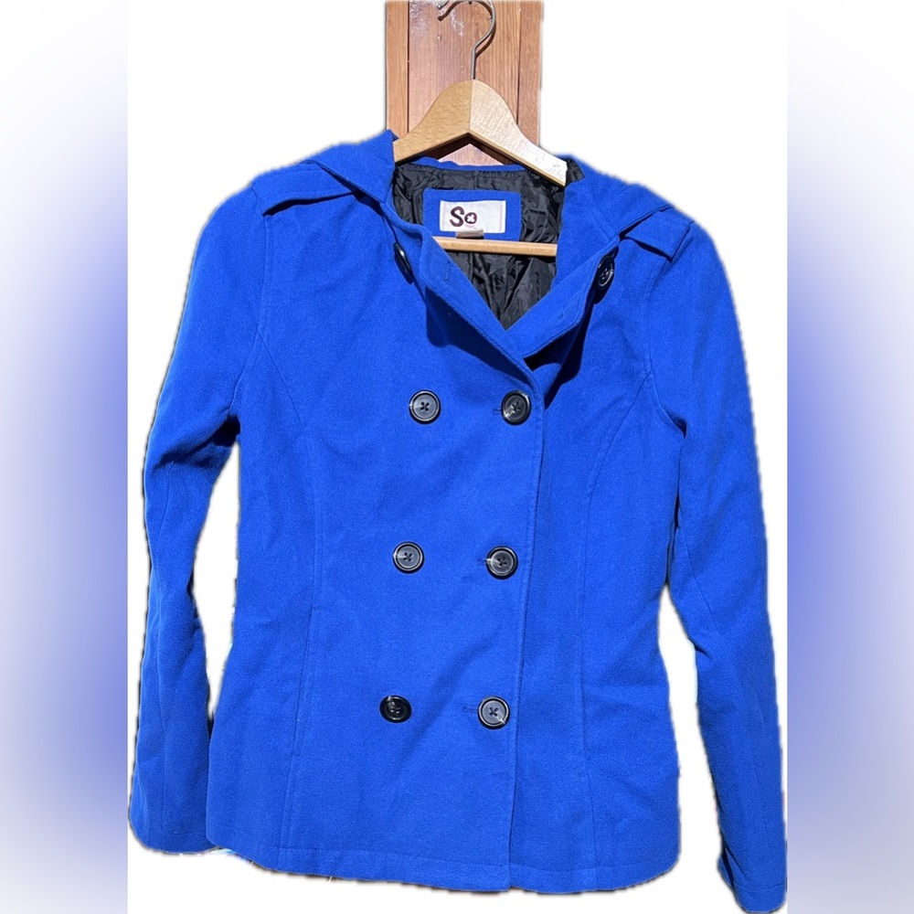 SO size Large juniors hooded button double breasted pea coat Blue